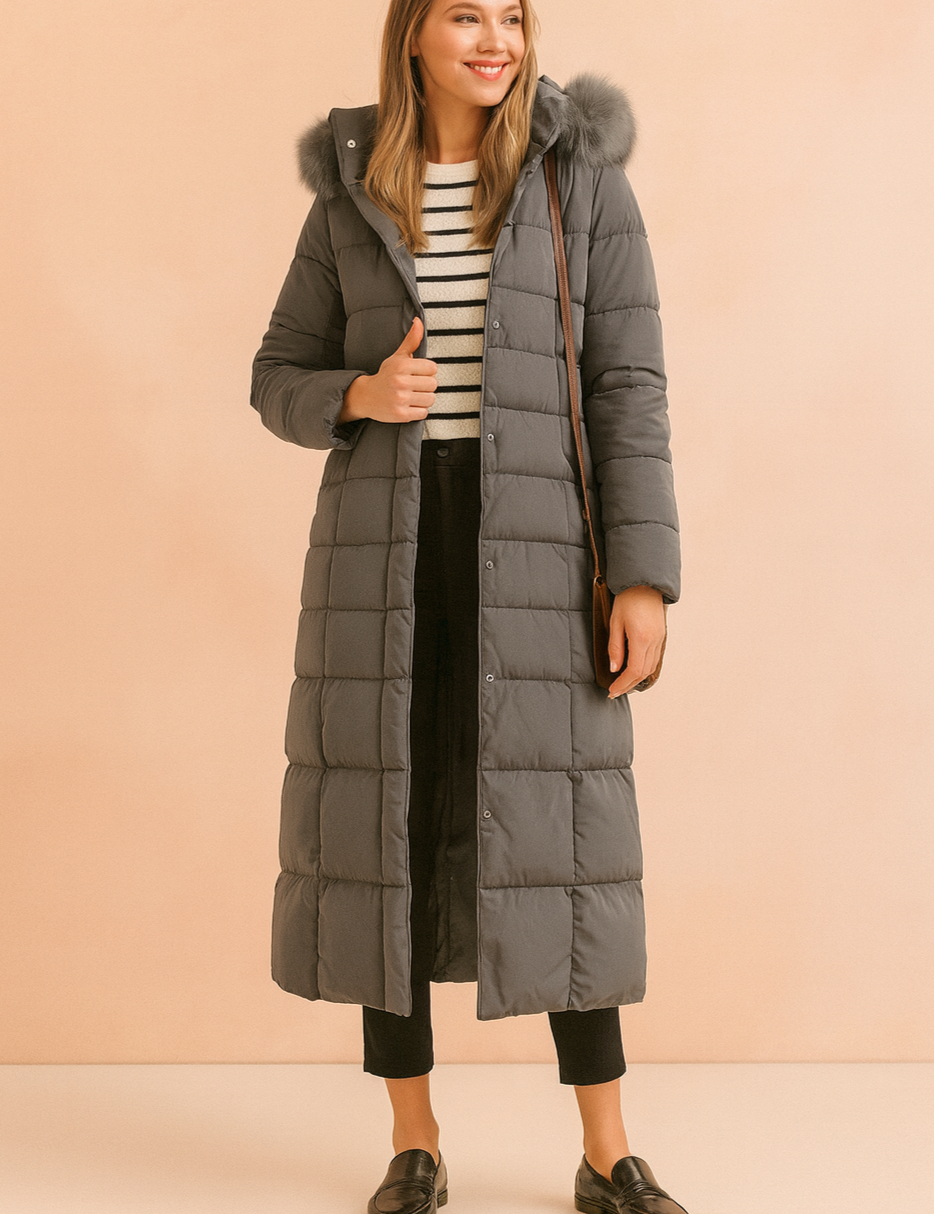 Long grey quilted puffer coat with fur-trimmed hood, button-down closure, and ankle-length design styled with black trousers, striped top, and black loafers.