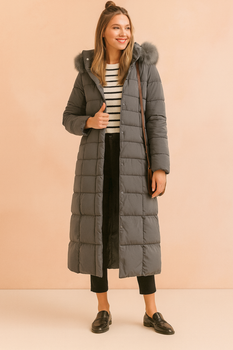 Long grey quilted puffer coat with fur-trimmed hood, button-down closure, and ankle-length design styled with black trousers, striped top, and black loafers.