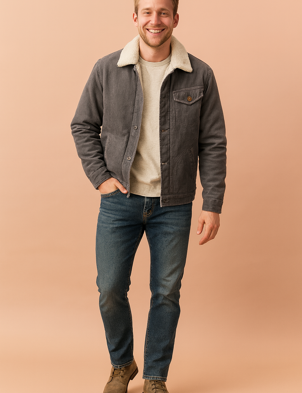 Grey corduroy sherpa-lined jacket with button closure, chest pocket detail, and soft cream fleece interior, styled with denim jeans and suede boots for a casual winter look.