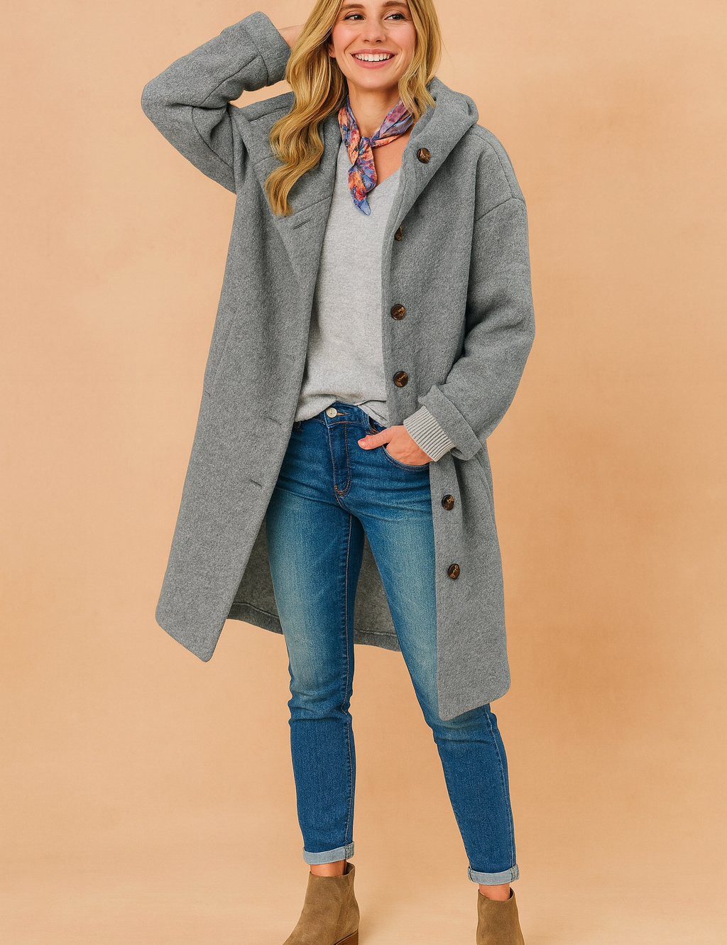 Long grey wool coat with button closure, paired with a light grey V-neck sweater, slim blue jeans, and taupe suede ankle boots.