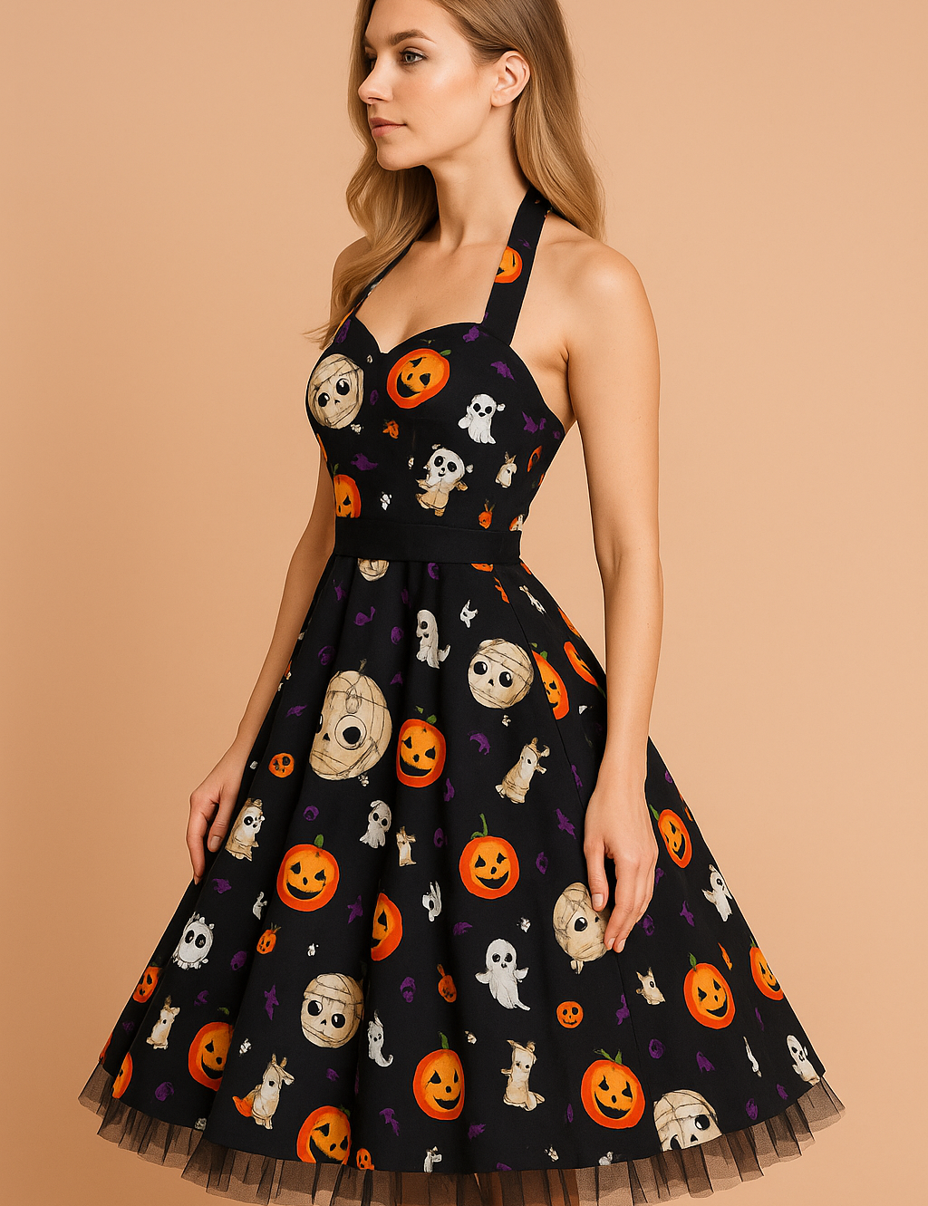 Sukienka vintage na Halloween z nadrukiem dyni, duszków i czaszek, czarna z halter neck i tiulowym dołem, idealna jako kostium halloweenowy.