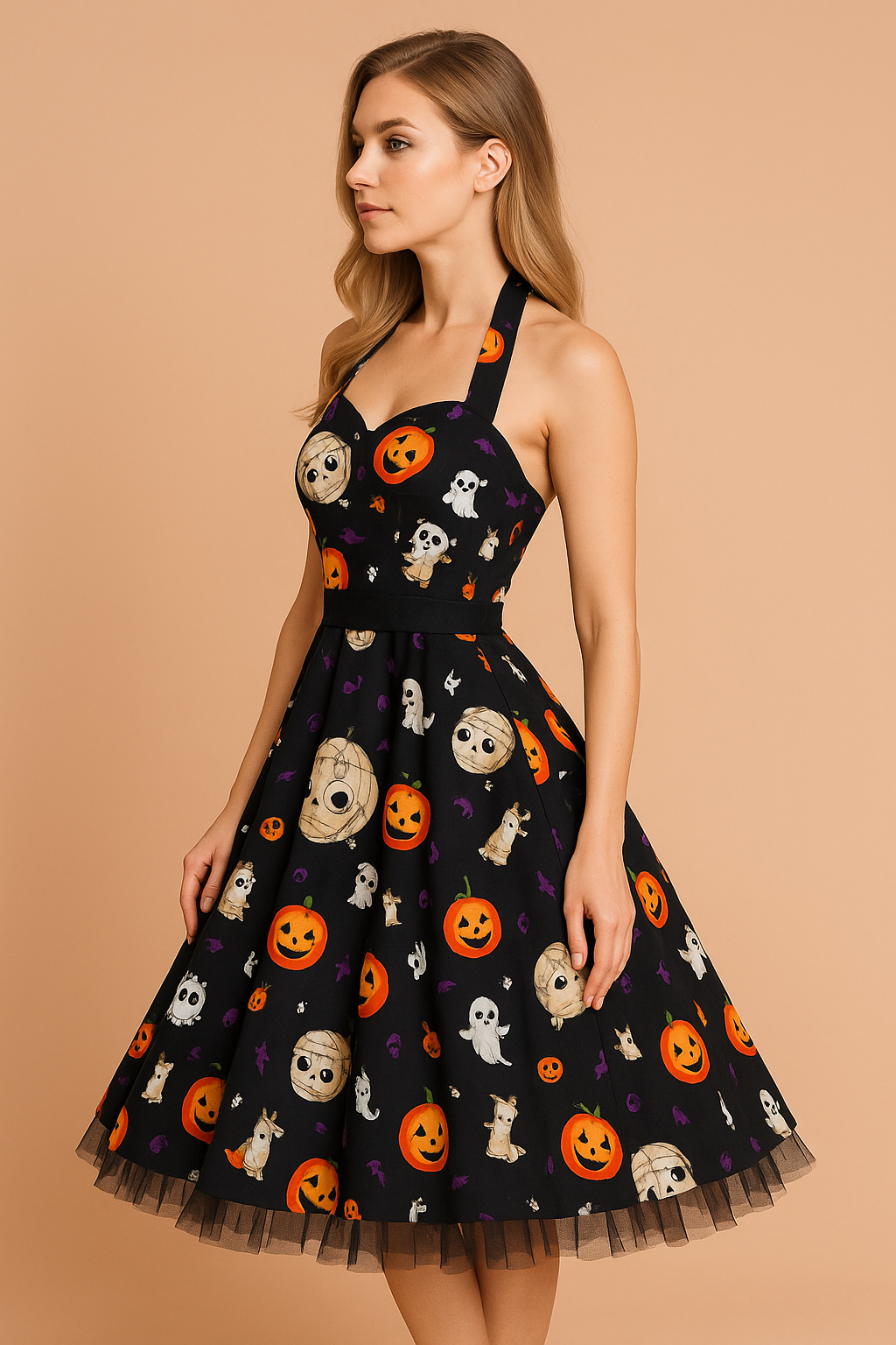 Sukienka vintage na Halloween z nadrukiem dyni, duszków i czaszek, czarna z halter neck i tiulowym dołem, idealna jako kostium halloweenowy.
