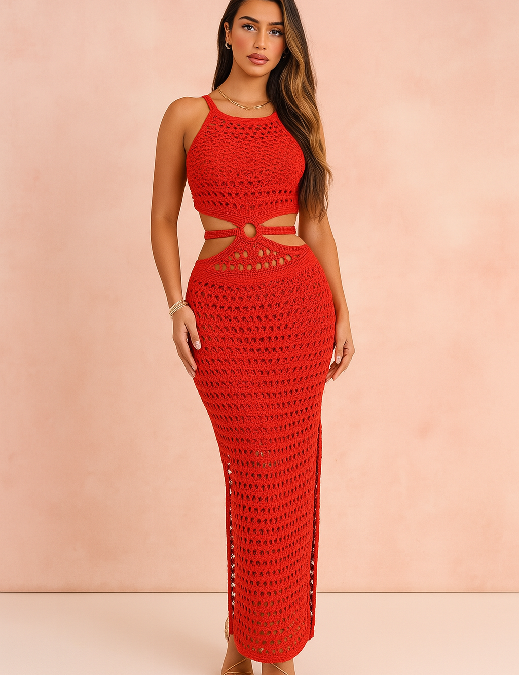 Zwiewna czerwona siatkowa sukienka maxi, lekka letnia i wiosenna kreacja na eleganckie okazje.