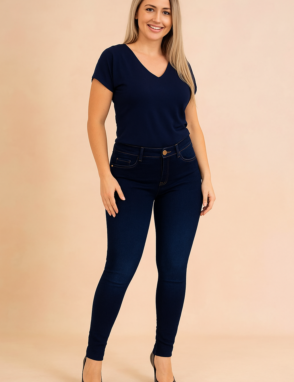Slim-fit high-waist dark blue skinny jeans with precise stitching, button closure, and front pockets, styled with pointed black heels.
