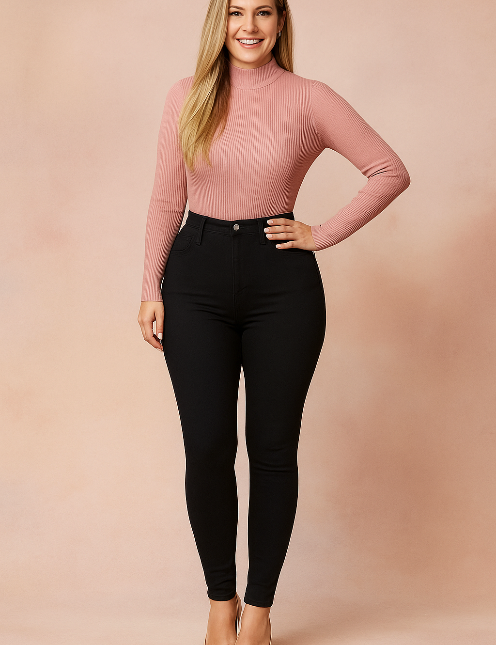 High-waisted black skinny jeans paired with a long-sleeve ribbed dusty pink turtleneck sweater, styled with nude pointed-toe heels.
