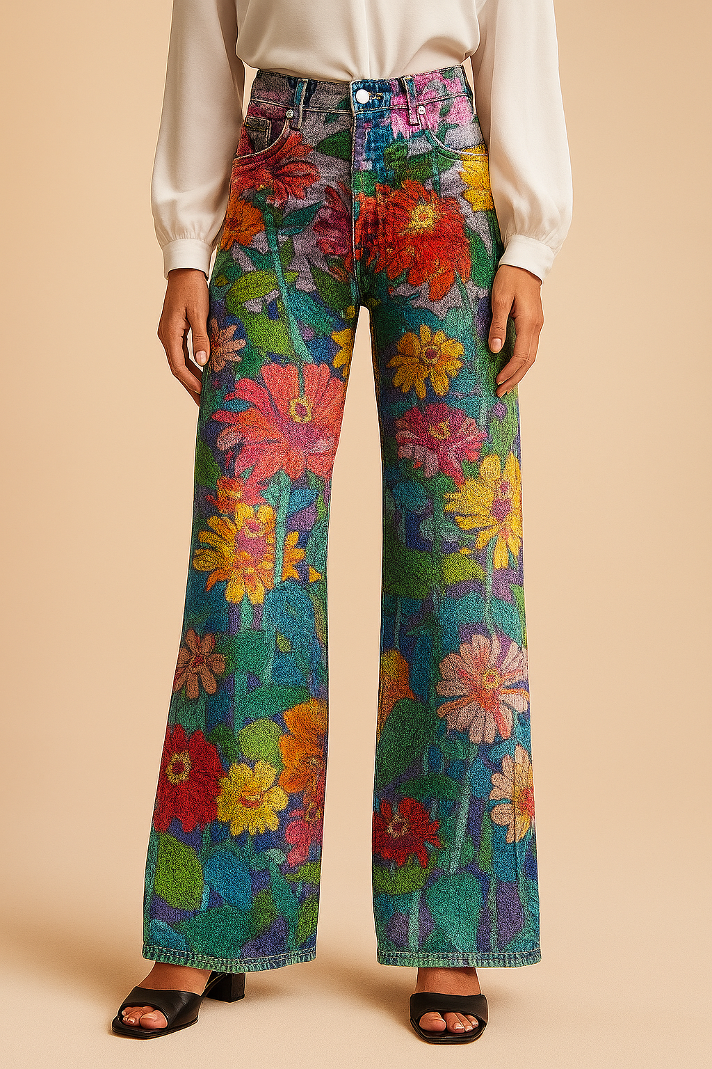 High-waisted wide-leg denim jeans with vibrant multicolor floral print featuring zinnias, daisies, and lush green foliage in a bold bohemian pattern.