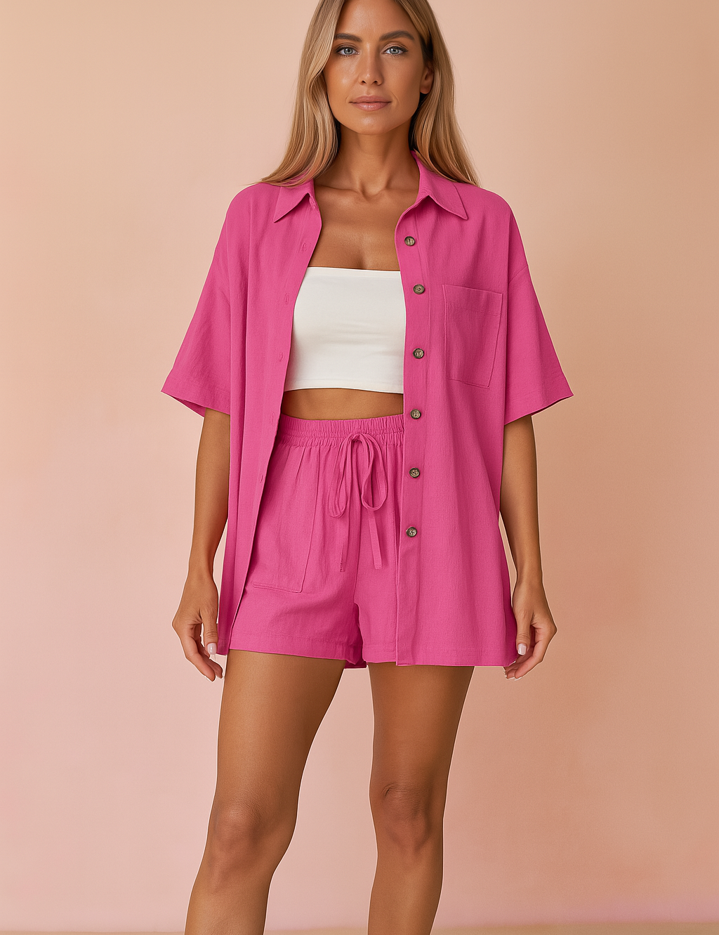 Hot pink two-piece linen shirt and shorts set with button-up top and drawstring waist, styled for summer fashion against a pastel sand and blush backdrop