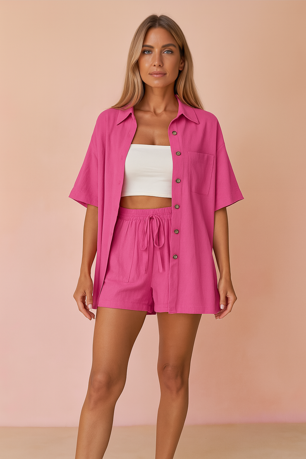 Hot pink two-piece linen shirt and shorts set with button-up top and drawstring waist, styled for summer fashion against a pastel sand and blush backdrop