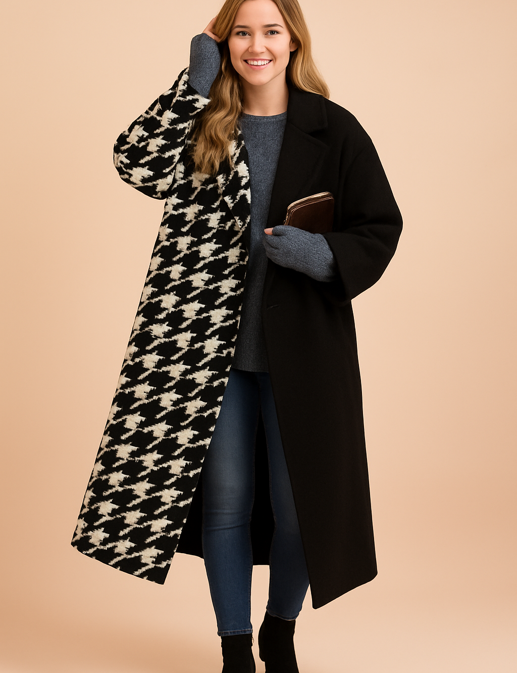 Stylish long overcoat featuring a striking half houndstooth pattern with bold black contrast, designed with a tailored silhouette and side pockets for a modern, elegant look.