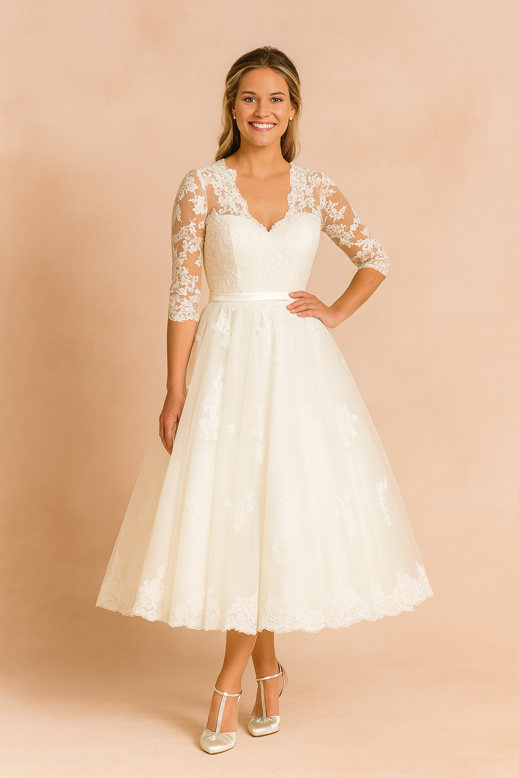 Elegant ivory lace tea-length wedding dress featuring a fitted bodice, sheer three-quarter lace sleeves, a scalloped hemline, and a flared A-line skirt with delicate floral lace detailing.