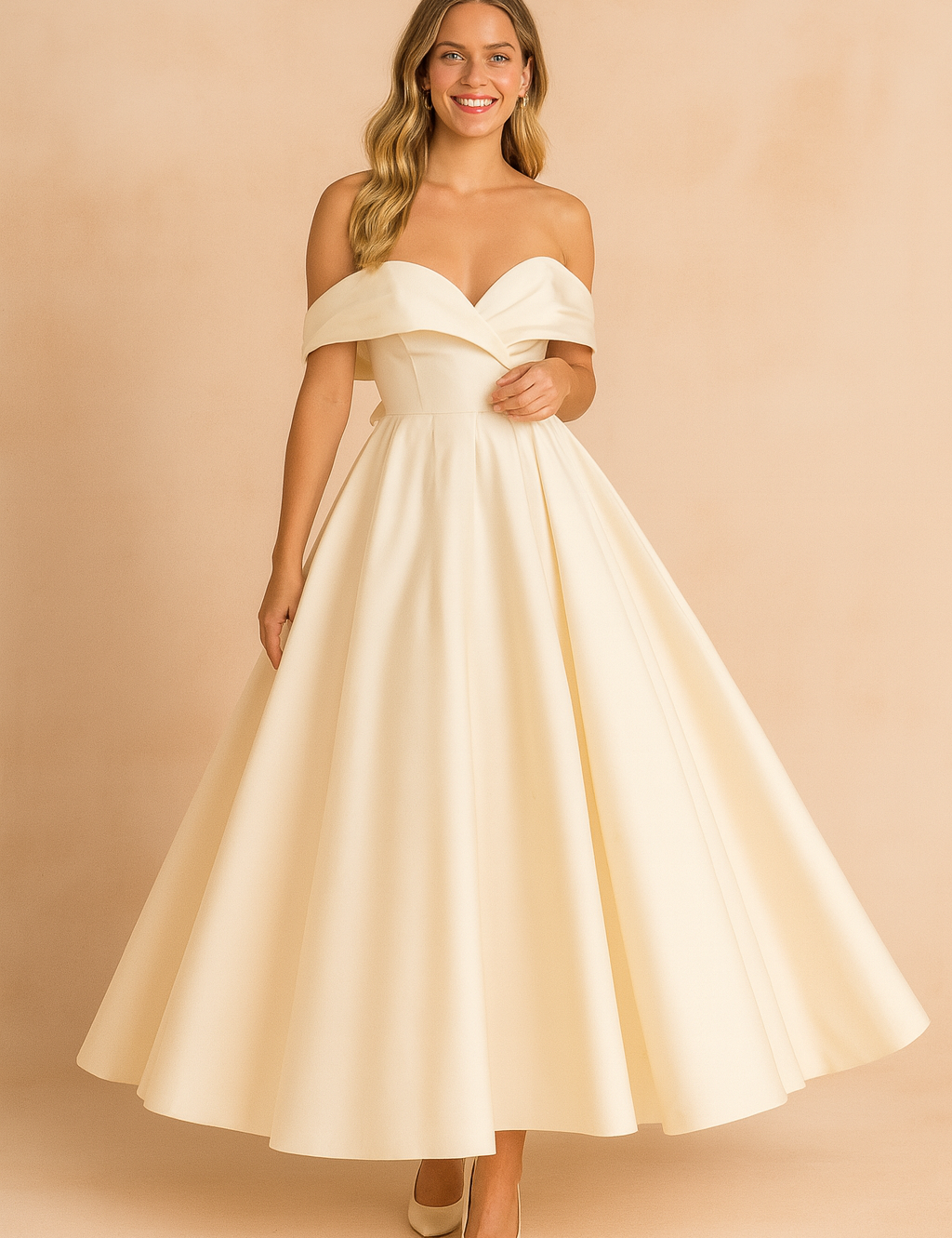 Elegant off-shoulder ivory evening gown with a fitted bodice, pleated flowing skirt, and structured neckline for a timeless formal look.