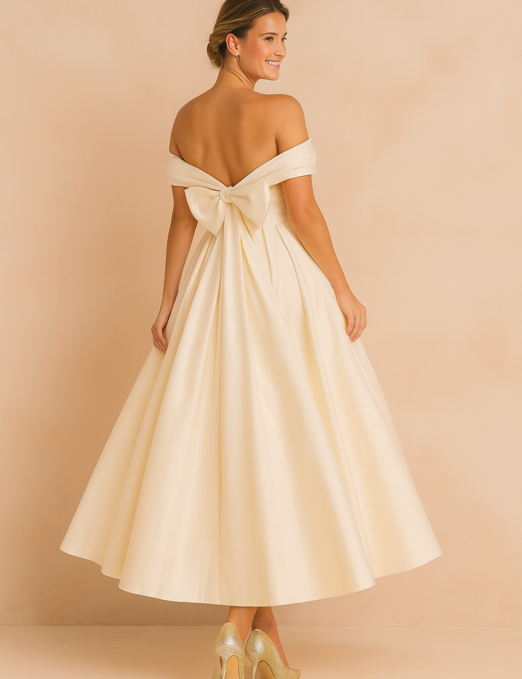 Elegant ivory off-the-shoulder evening gown with oversized back bow detail, voluminous A-line skirt, and paired with shimmering gold high heels.
