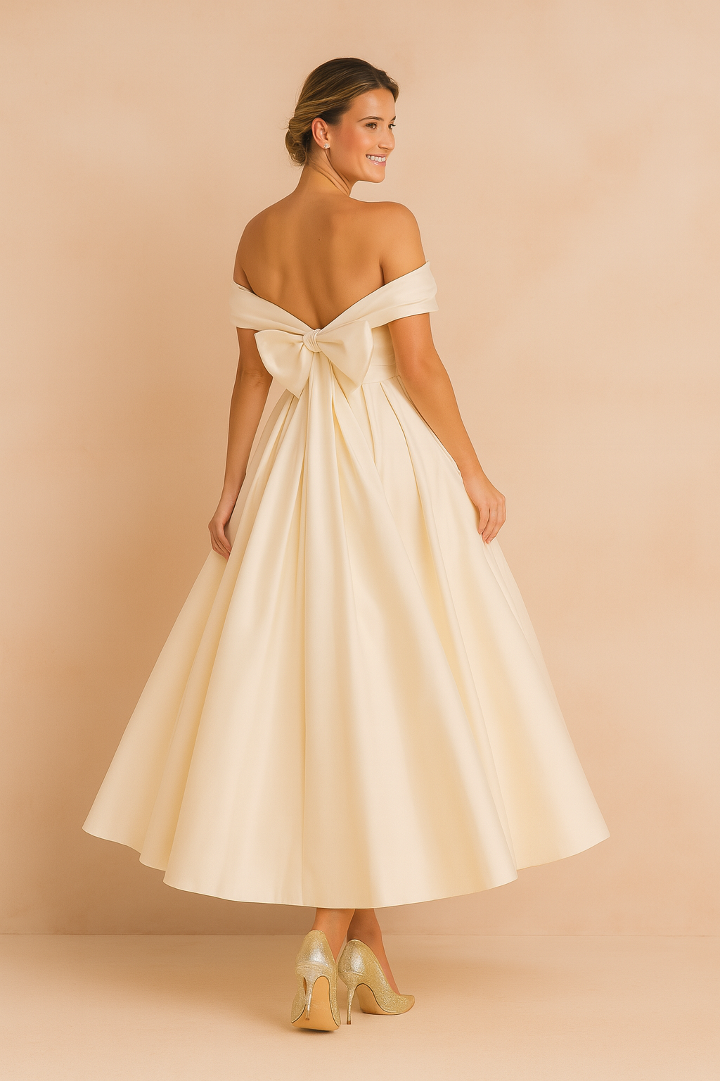 Elegant ivory off-the-shoulder evening gown with oversized back bow detail, voluminous A-line skirt, and paired with shimmering gold high heels.