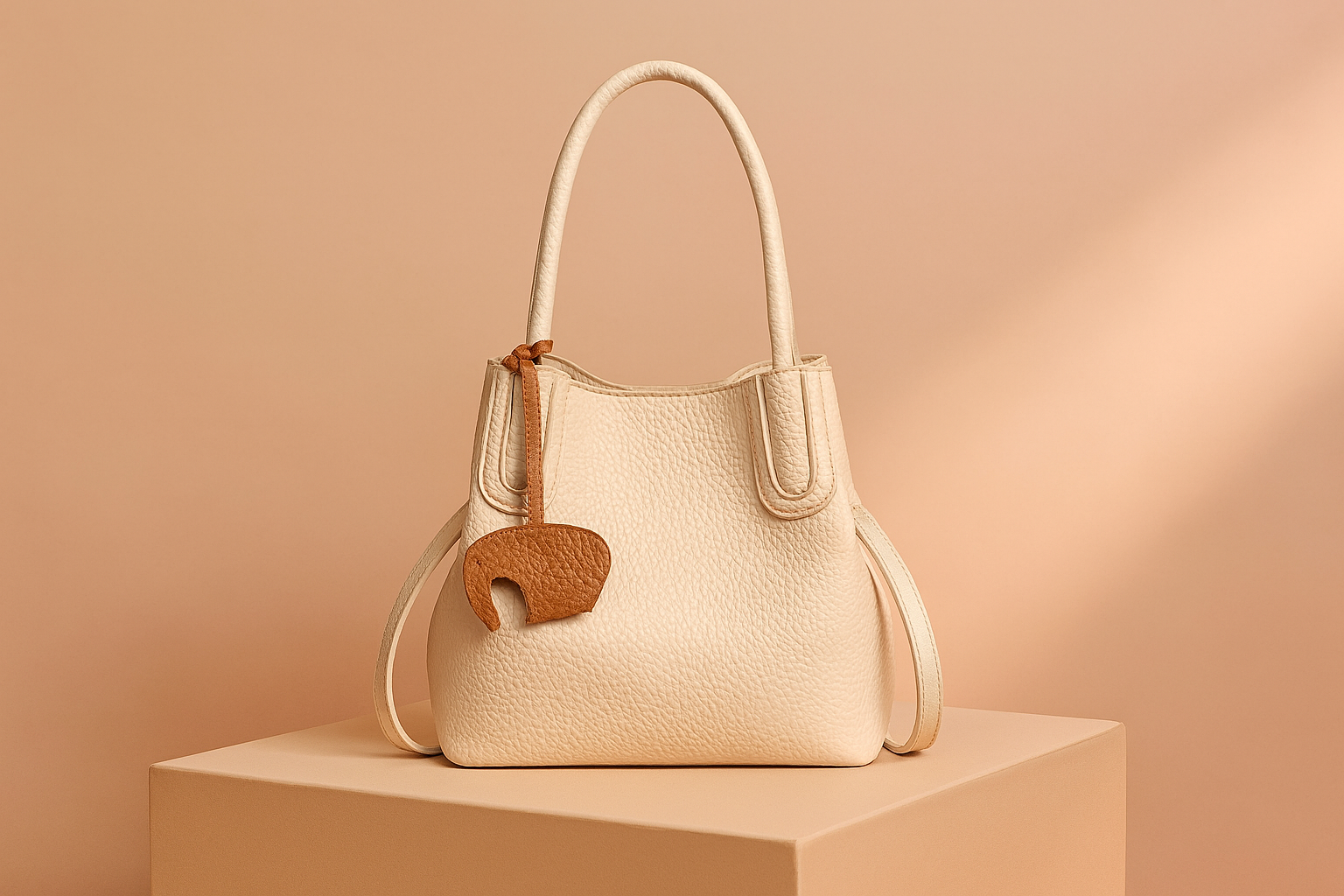 Ivory pebbled leather handbag with rounded top handles, gently curved top opening, and a brown leather elephant-shaped charm, presented on a neutral podium in soft gradient lighting.