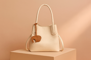 Ivory pebbled leather handbag with rounded top handles, gently curved top opening, and a brown leather elephant-shaped charm, presented on a neutral podium in soft gradient lighting.