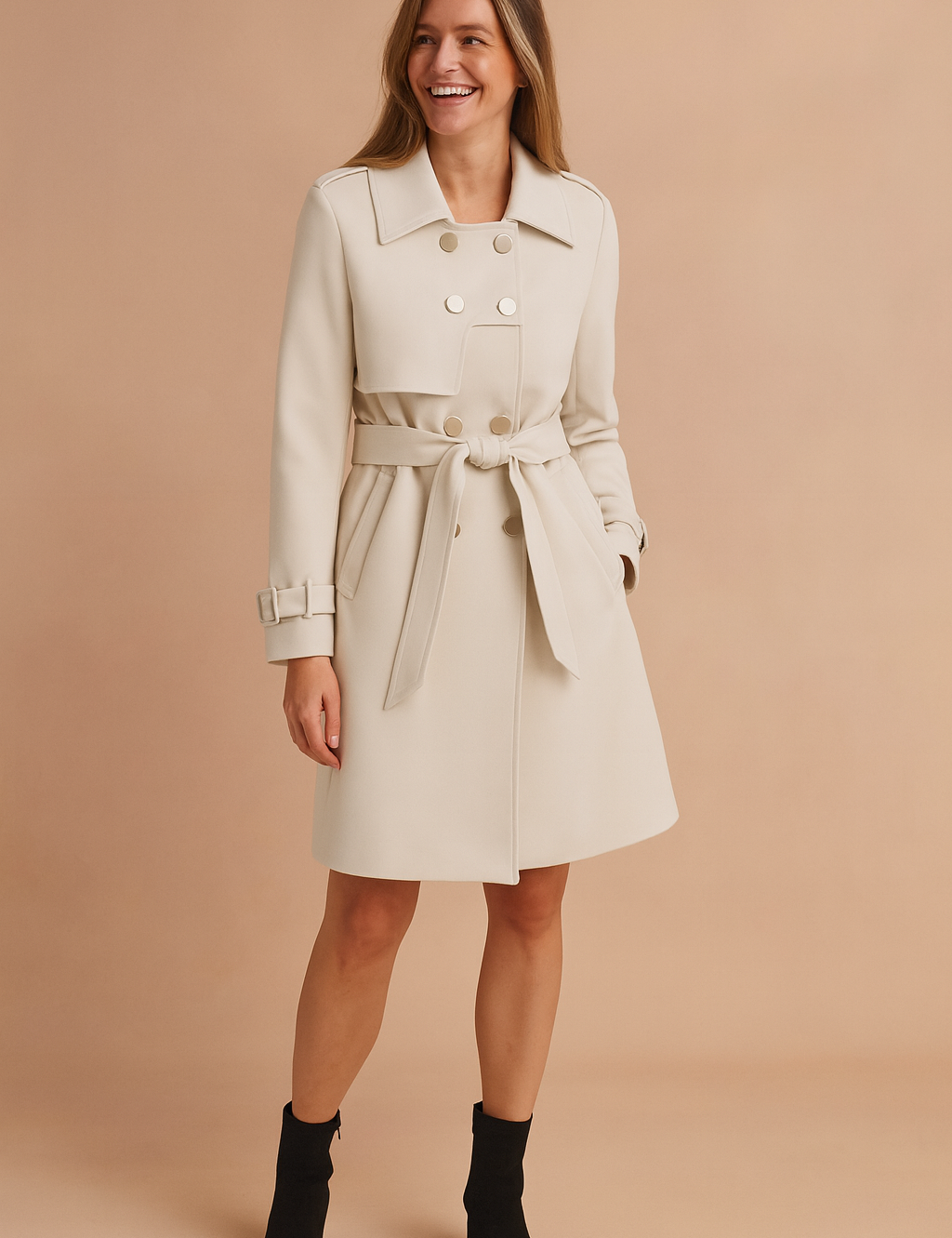 Elegant double-breasted ivory trench coat with belted waist, adjustable cuff straps, and six front buttons, crafted in smooth fabric for a refined finish.