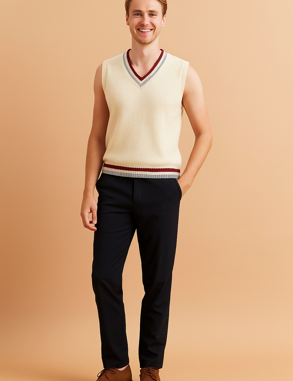 Ivory sleeveless V-neck sweater vest with red and navy striped trim, paired with dark trousers and brown suede lace-up shoes.