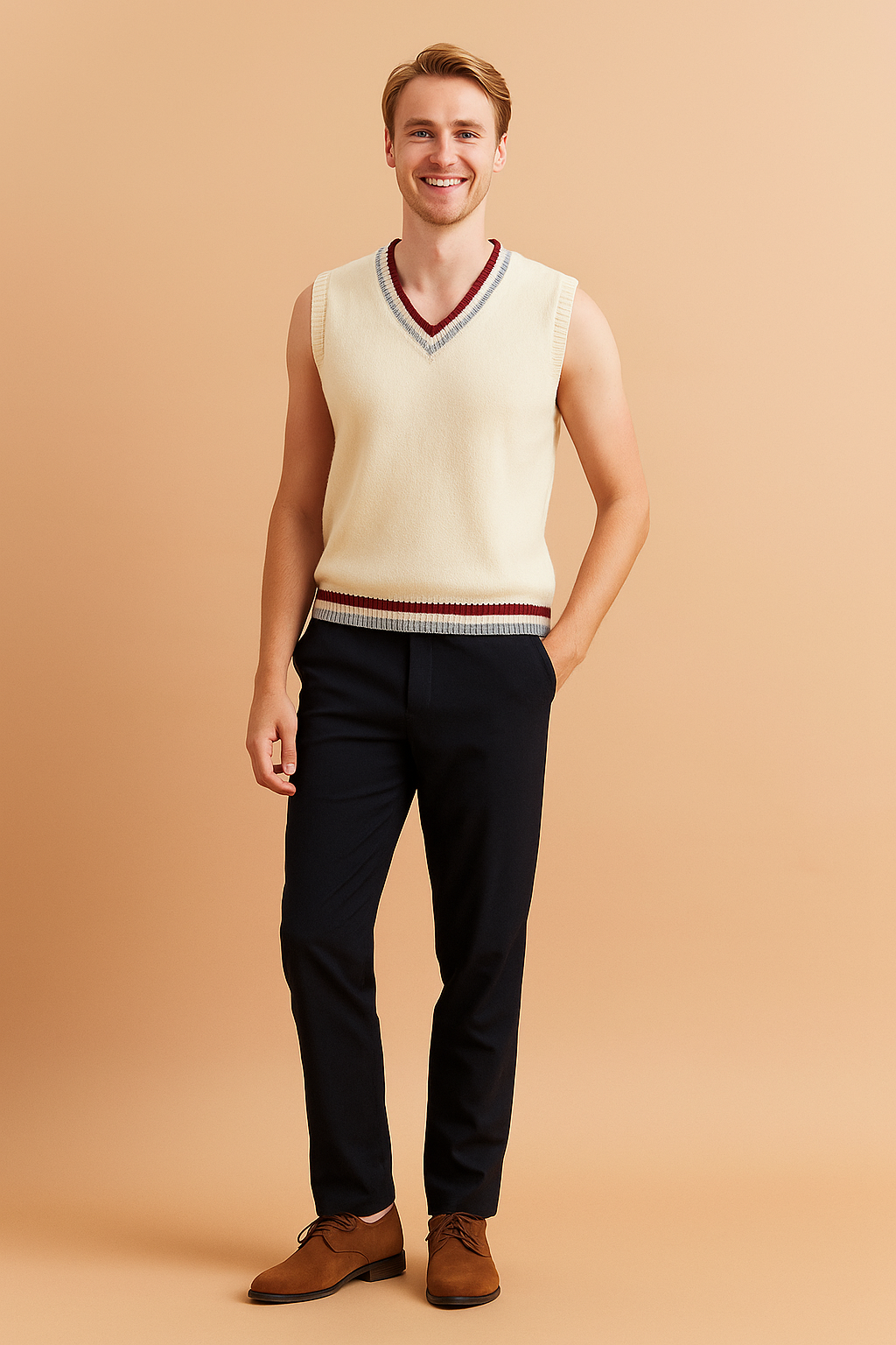 Ivory sleeveless V-neck sweater vest with red and navy striped trim, paired with dark trousers and brown suede lace-up shoes.