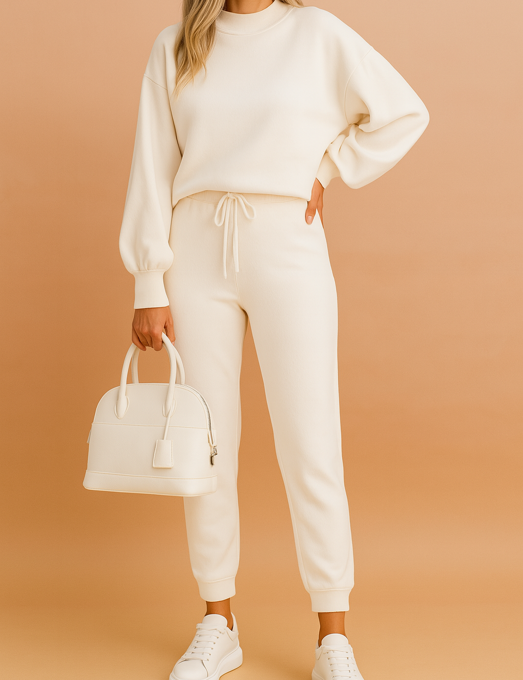 Ivory white lounge set featuring a crew neck long-sleeve top with puff sleeves and drawstring jogger pants, paired with white sneakers and a structured white handbag.