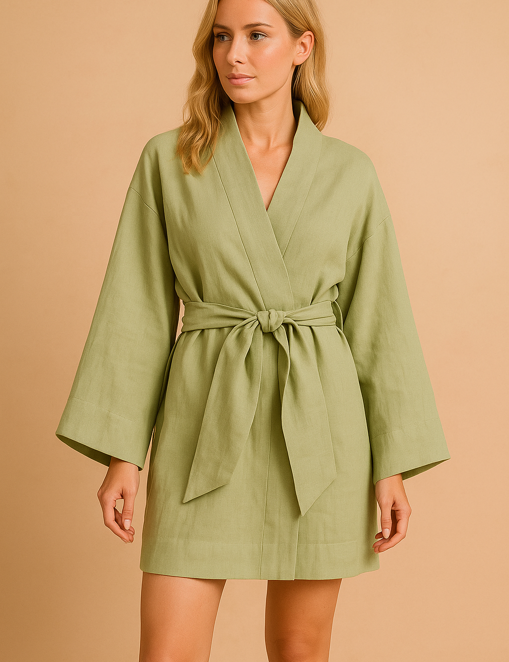 Damska jasnozielona sukienka kimono z szerokimi rękawami i wiązanym paskiem w talii, wykonana z lekkiego lnu lub bawełny, prezentowana w eleganckiej, minimalistycznej stylizacji