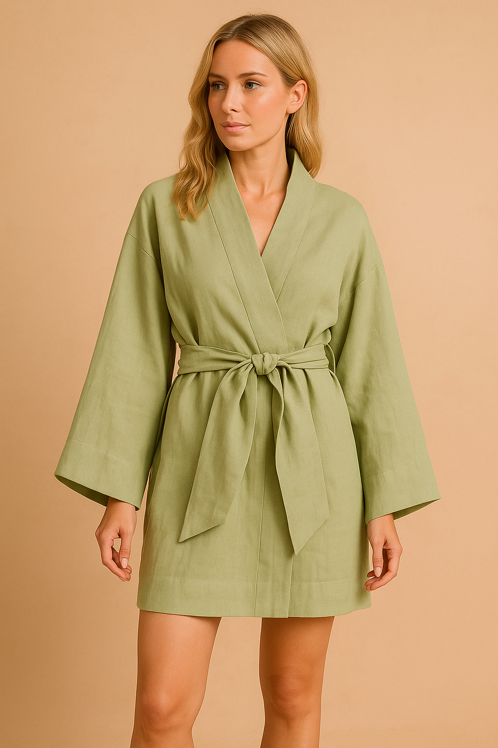 Damska jasnozielona sukienka kimono z szerokimi rękawami i wiązanym paskiem w talii, wykonana z lekkiego lnu lub bawełny, prezentowana w eleganckiej, minimalistycznej stylizacji