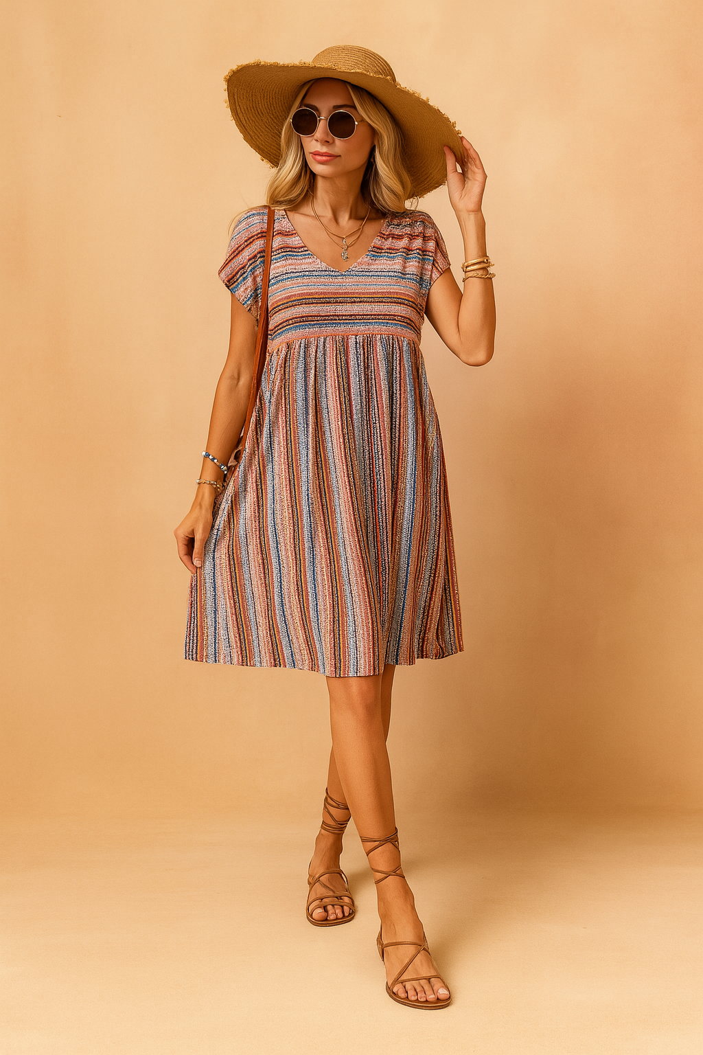 Blonde woman wearing Josie multicolor striped short sleeve summer dress.