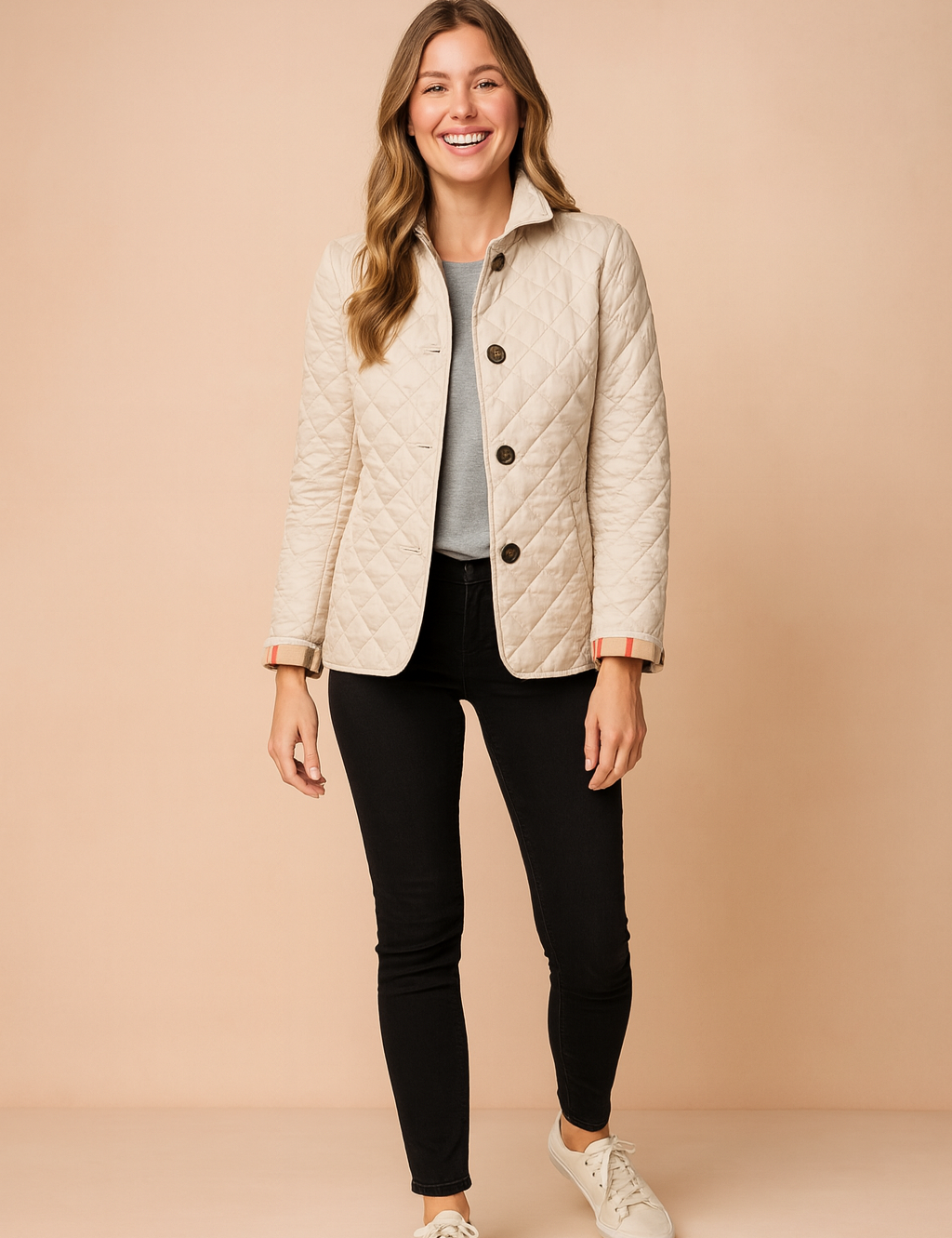 Khaki quilted button-down jacket with diamond pattern stitching, front pockets, and classic collar, styled for a modern winter look.