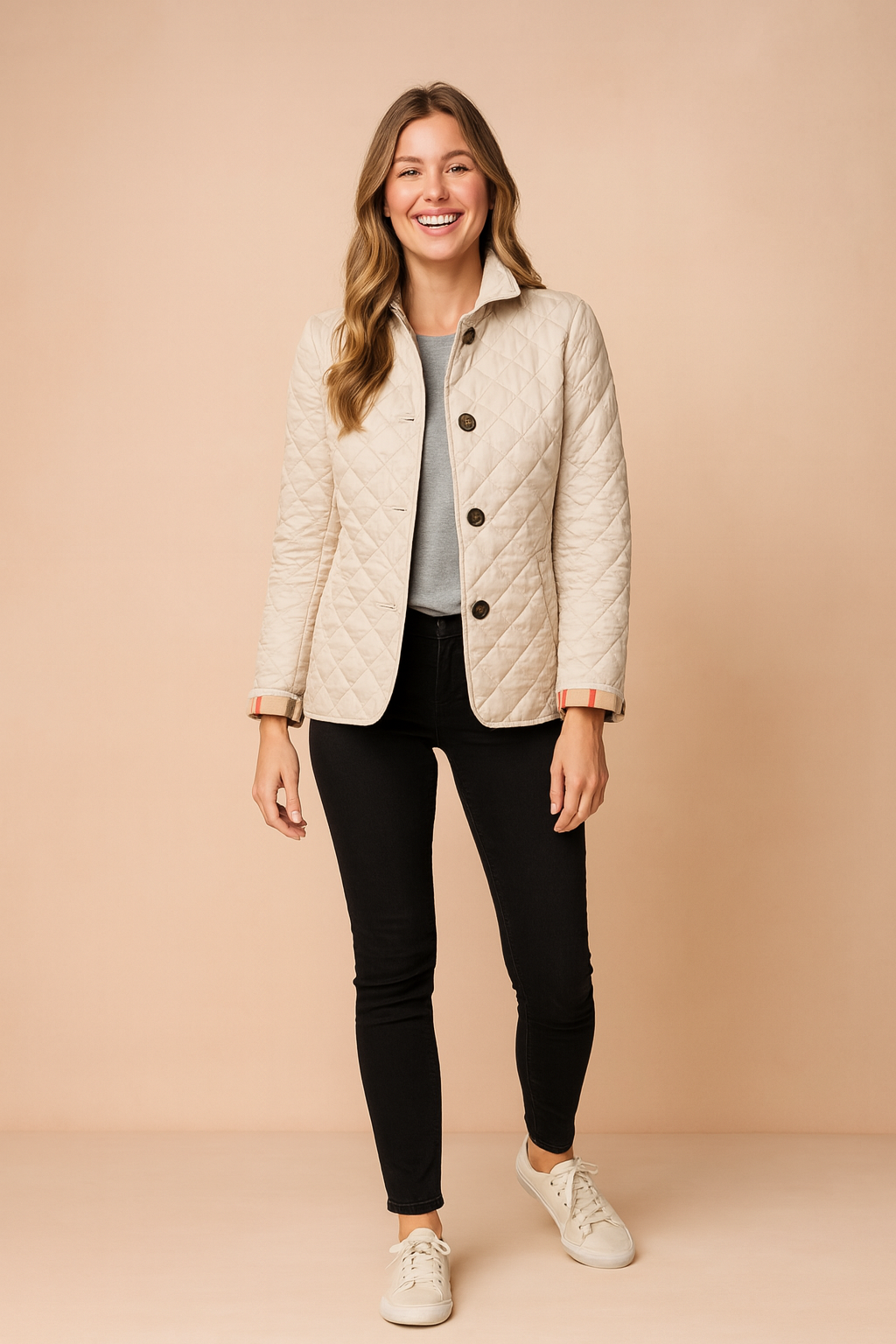 Khaki quilted button-down jacket with diamond pattern stitching, front pockets, and classic collar, styled for a modern winter look.
