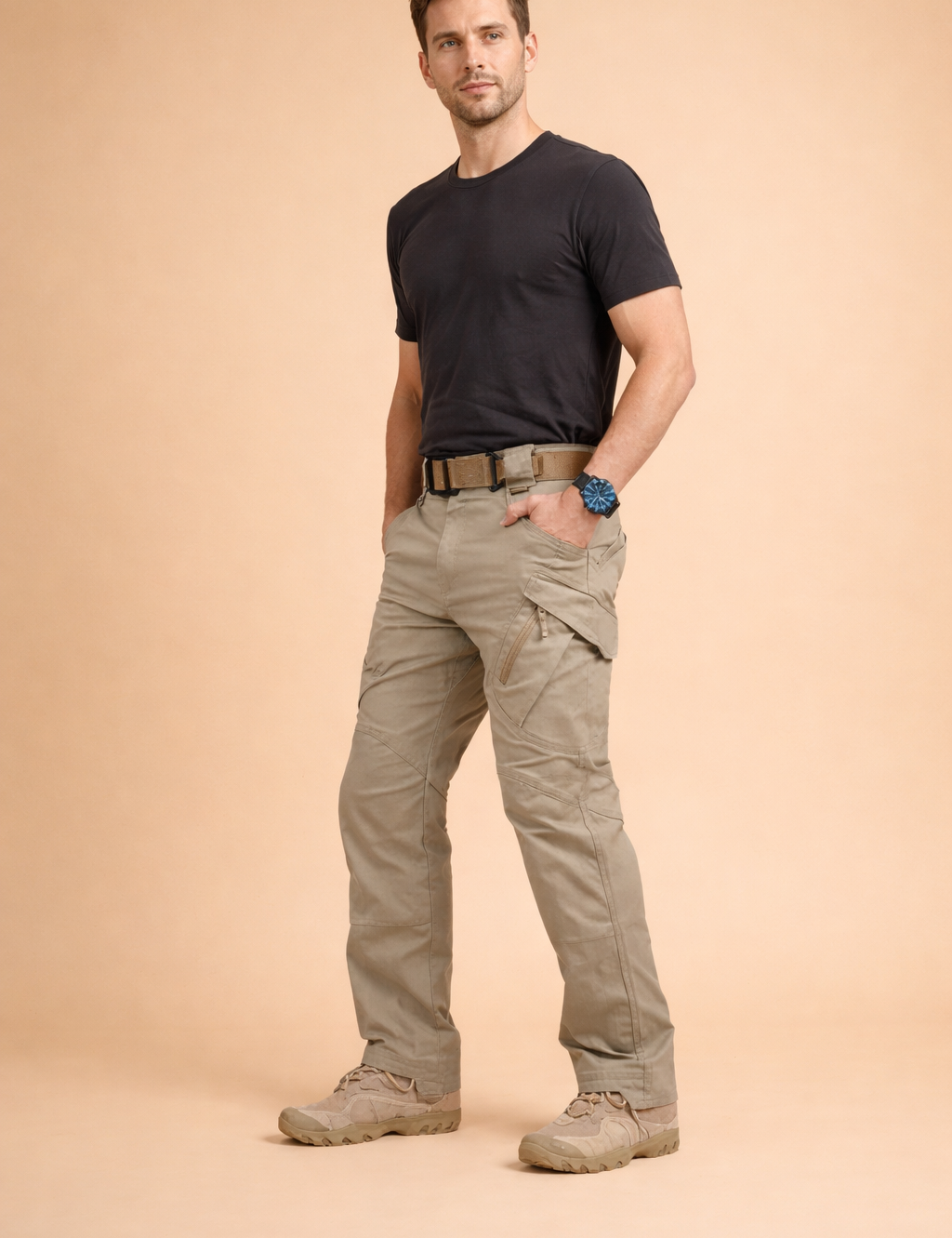 Khaki tactical cargo pants with reinforced seams, multi-utility side pockets, straight-leg cut, and structured fit, paired with rugged lace-up outdoor boots for a functional utility look.