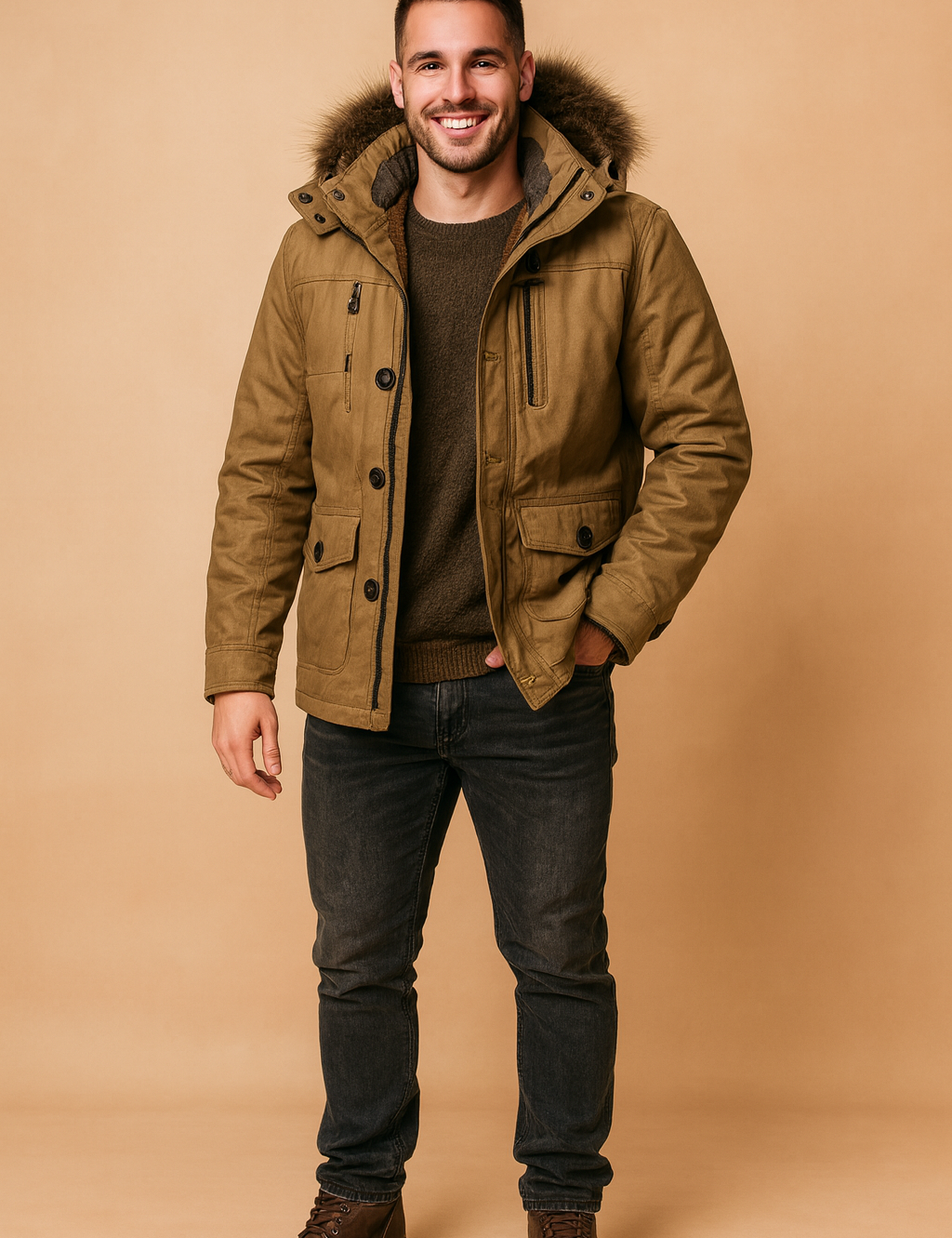 Khaki winter parka jacket with fur-trimmed hood, button and zipper closure, and multiple front pockets, designed for warmth and style.