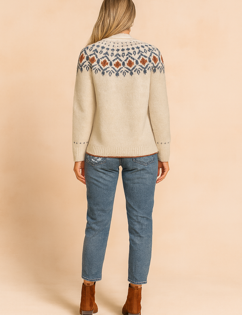 Beige knit sweater with multicolor Nordic-inspired geometric pattern across chest and cuffs, paired with distressed blue jeans and brown suede ankle boots.