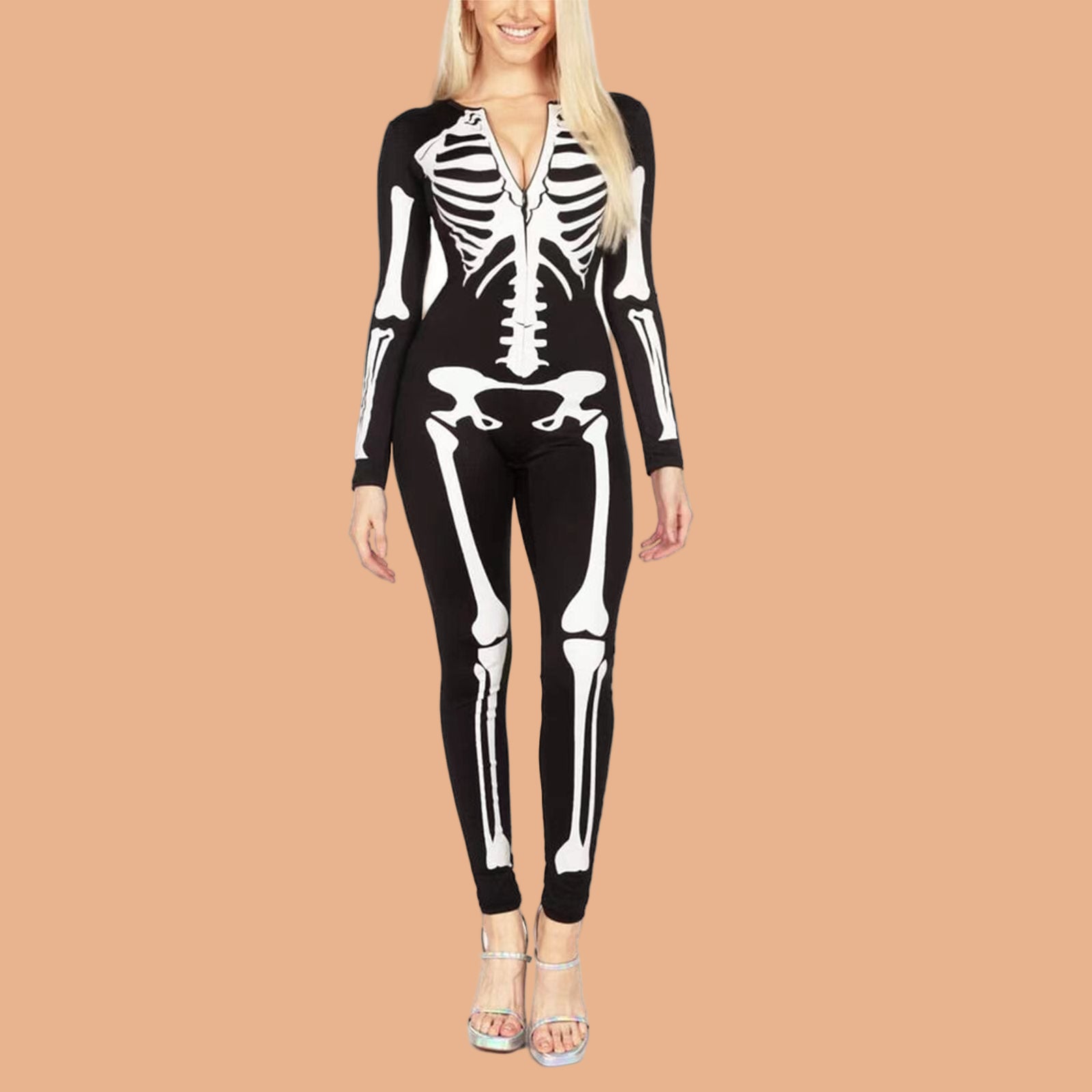 Obcisły kostium halloweenowy w formie czarnego kombinezonu z długim rękawem i nadrukiem białego szkieletu na całej sylwetce, idealny na imprezy tematyczne i przebrania.