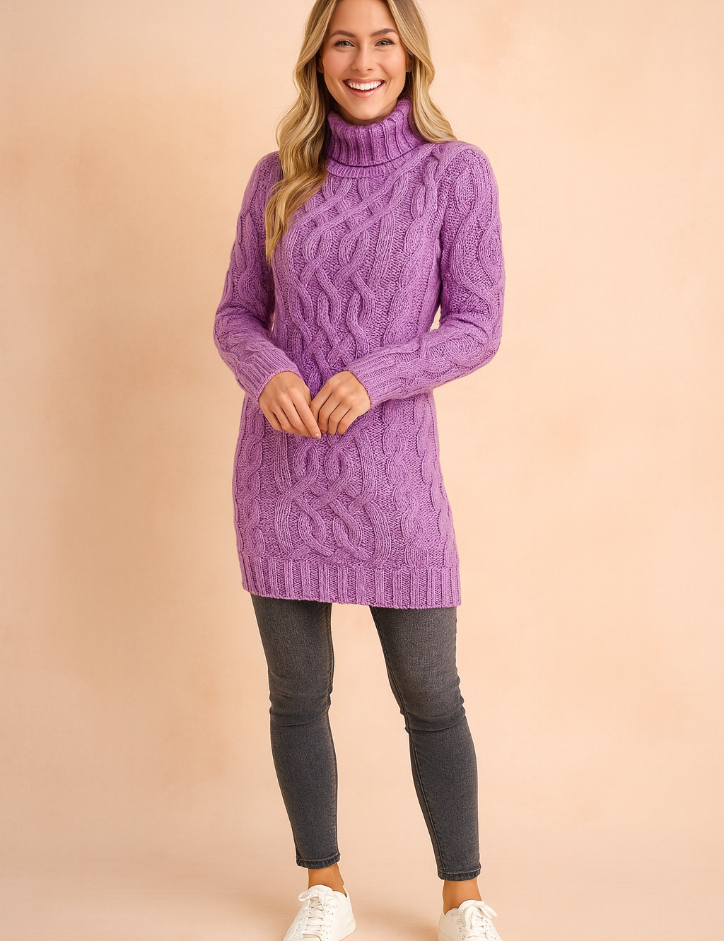 Lavender cable-knit turtleneck sweater dress paired with dark gray skinny jeans and white lace-up sneakers.