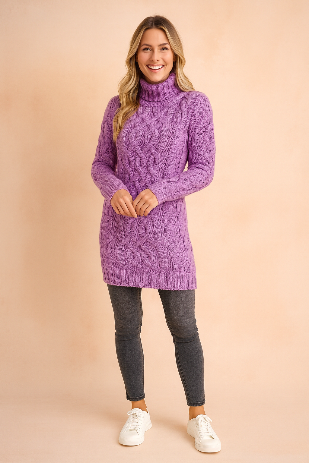 Lavender cable-knit turtleneck sweater dress paired with dark gray skinny jeans and white lace-up sneakers.