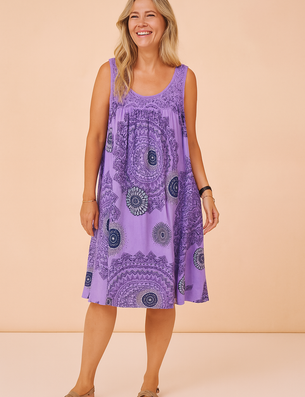 Sleeveless lavender sundress with intricate mandala print and crochet lace neckline, featuring a flared silhouette and knee-length hem.