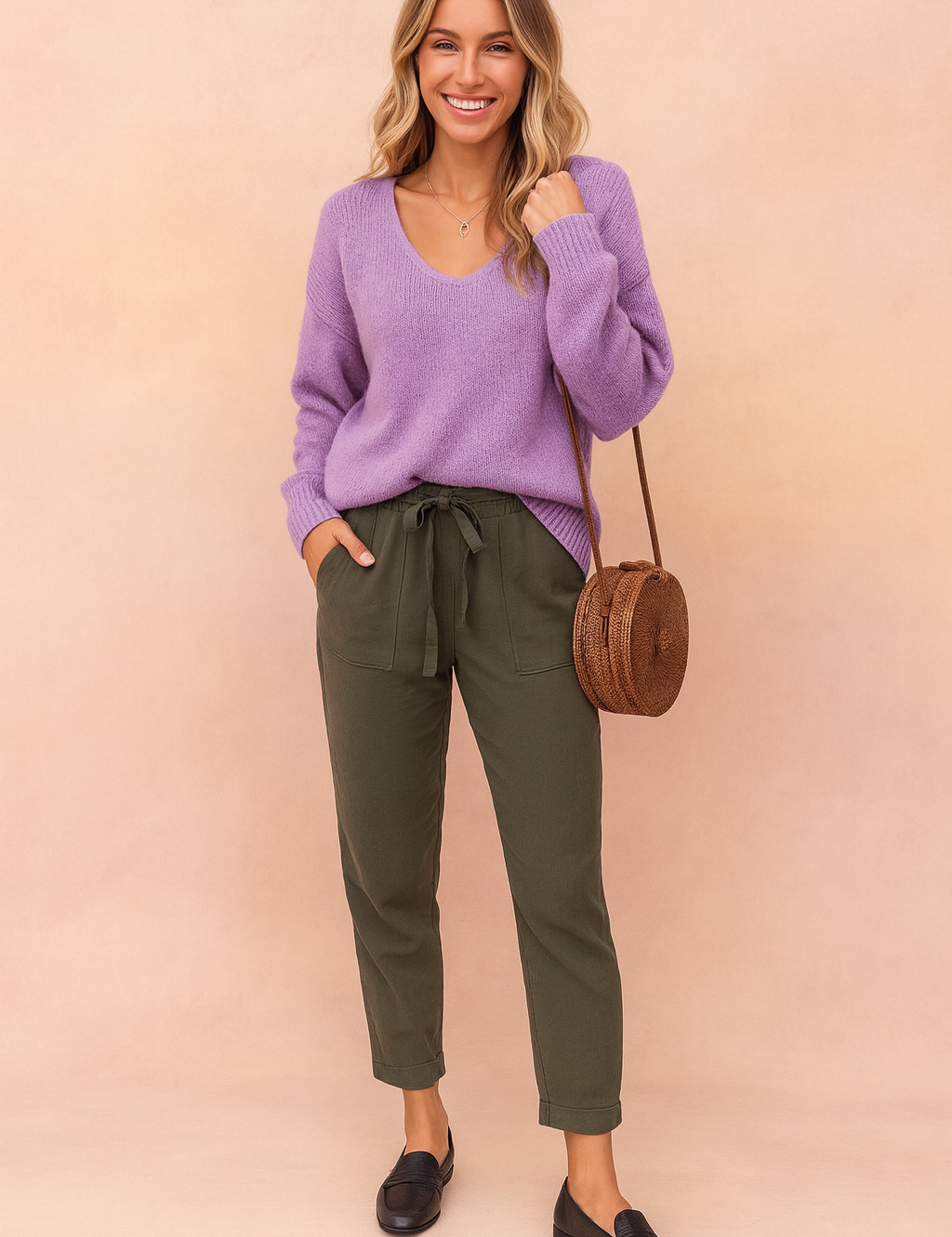 Lavender V-neck knit sweater paired with olive-green drawstring trousers, styled with black loafers and a round woven rattan crossbody bag.