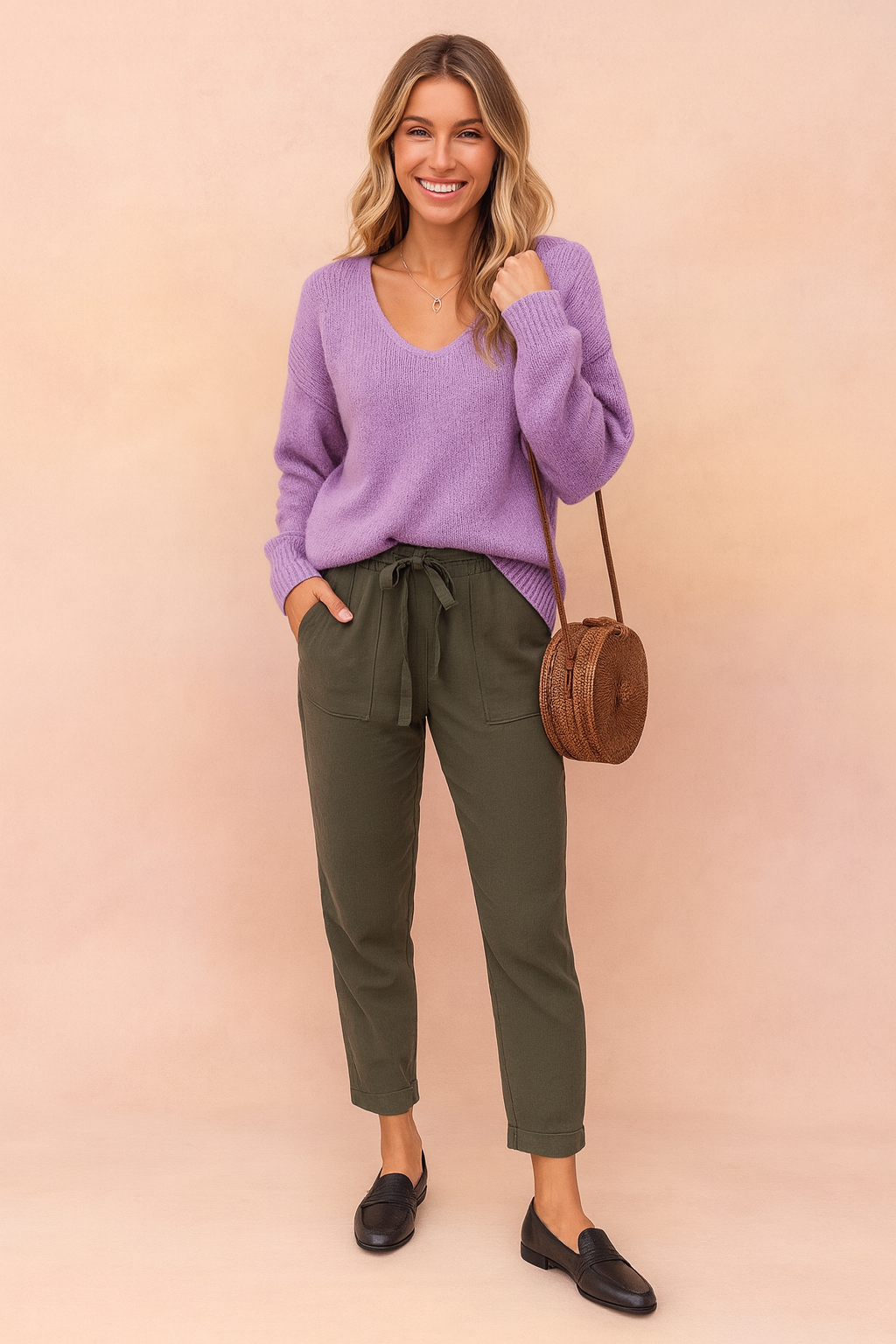 Lavender V-neck knit sweater paired with olive-green drawstring trousers, styled with black loafers and a round woven rattan crossbody bag.