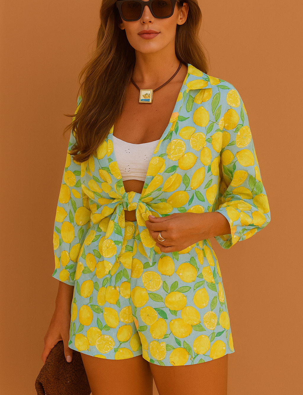 Vibrant two-piece lemon-print co-ord set with a front-tie button-up top and high-waisted shorts, worn over a white bandeau top.