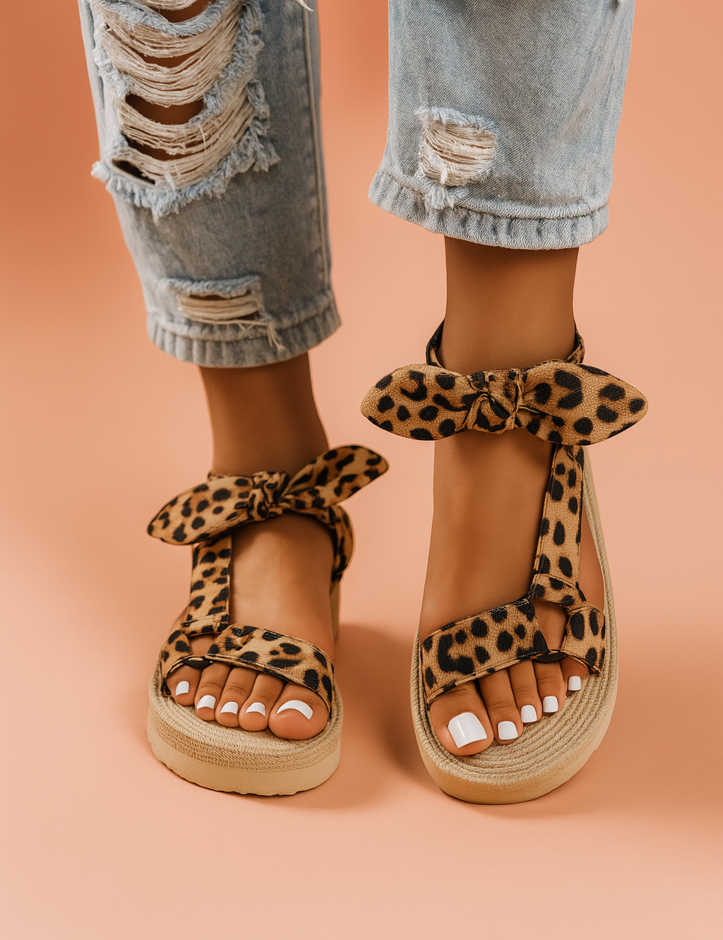 A photograph showcases a pair of women's leopard print platform sandals featuring a T-strap silhouette, soft fabric texture, decorative ankle bows, and beige ridged soles designed for comfort and casual style.