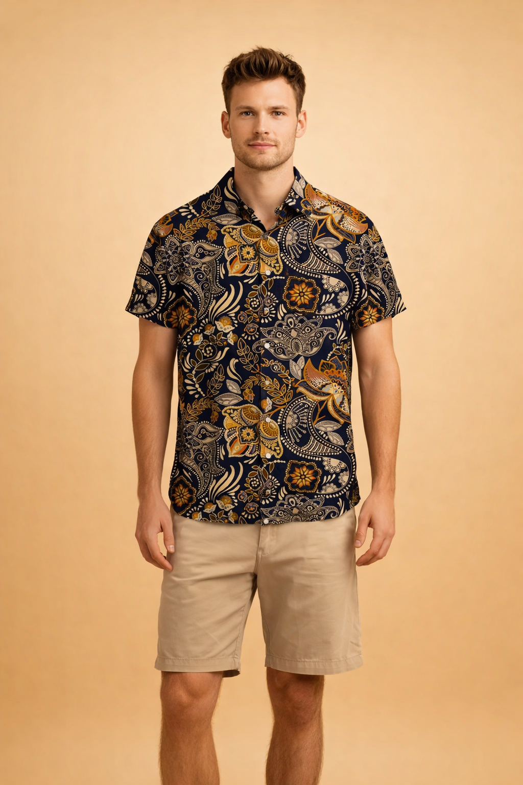 Short-sleeve button-up shirt with a bold black leopard pattern over a muted gray base, featuring a relaxed straight cut, classic collar, front button closure, and lightweight drape, paired with tailored knee-length beige shorts with a clean finish.