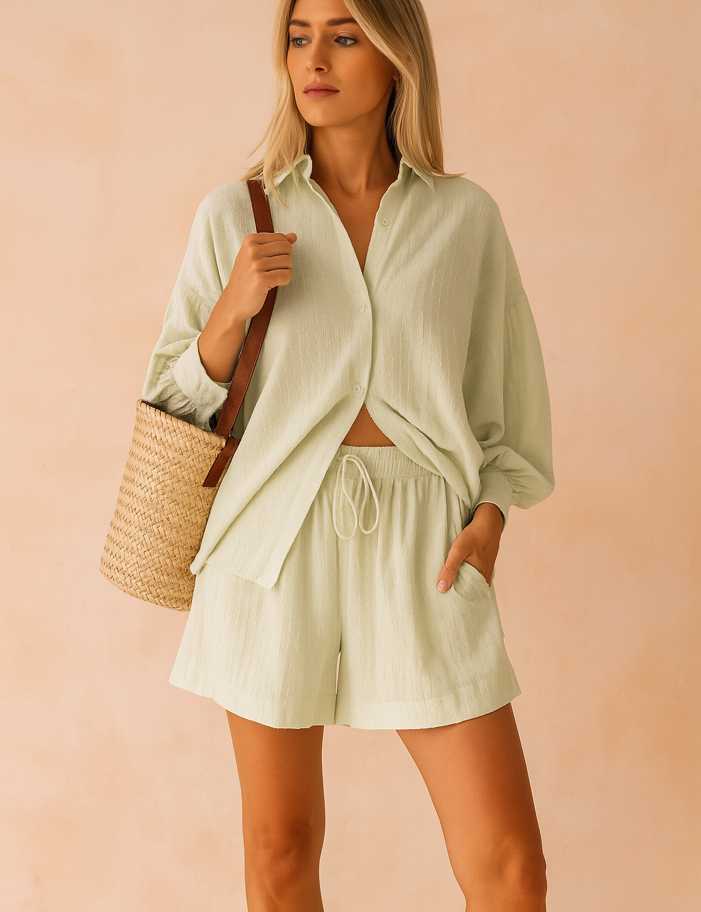 LIGHT GREEN textured co-ord set featuring an oversized long-sleeve button-down blouse with subtle vertical weaves, paired with high-waisted elastic shorts. Styled for a summer look with a neutral woven bag and beige sandals, perfect for resort wear or coastal day outings.