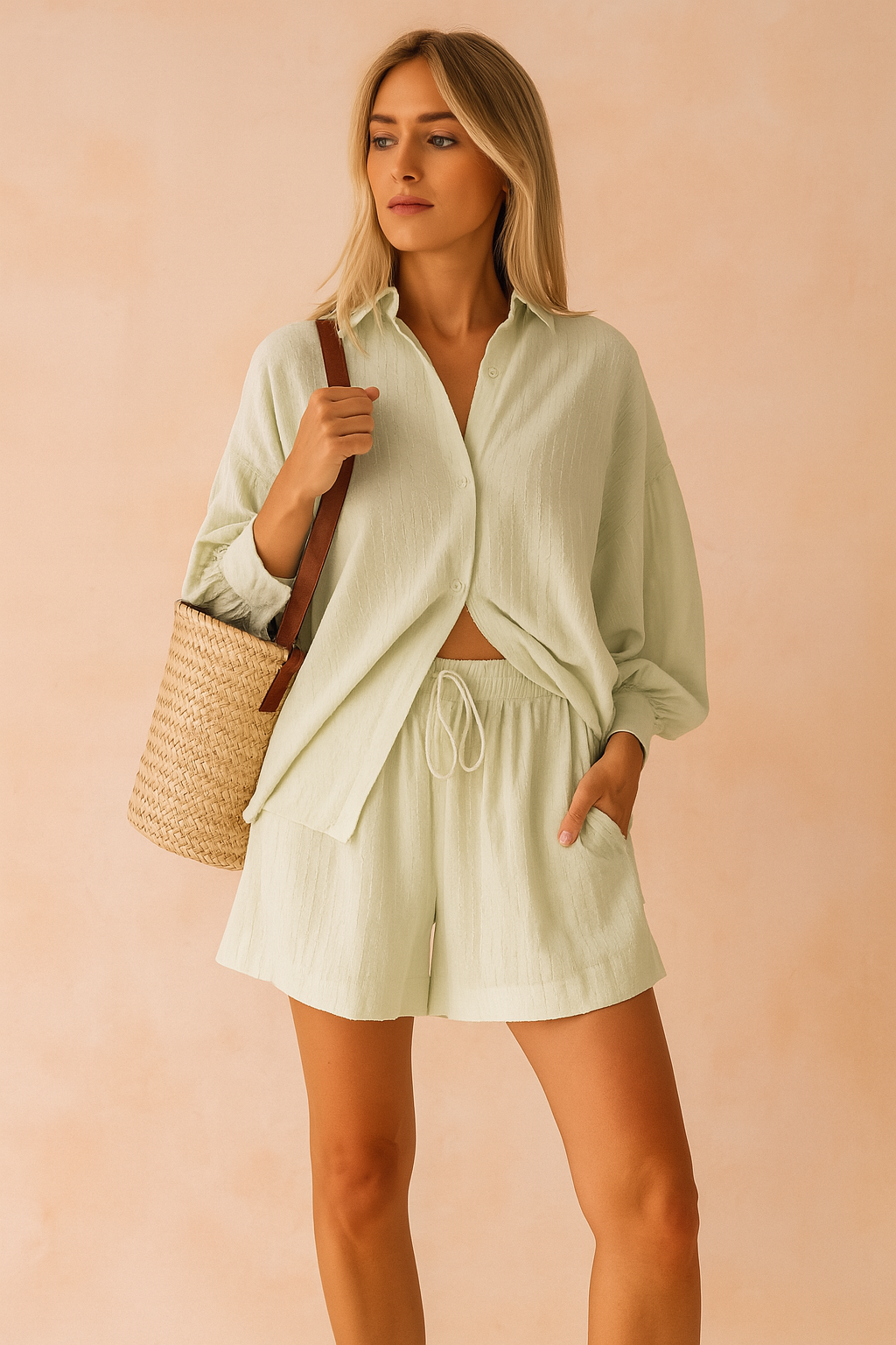 LIGHT GREEN textured co-ord set featuring an oversized long-sleeve button-down blouse with subtle vertical weaves, paired with high-waisted elastic shorts. Styled for a summer look with a neutral woven bag and beige sandals, perfect for resort wear or coastal day outings.