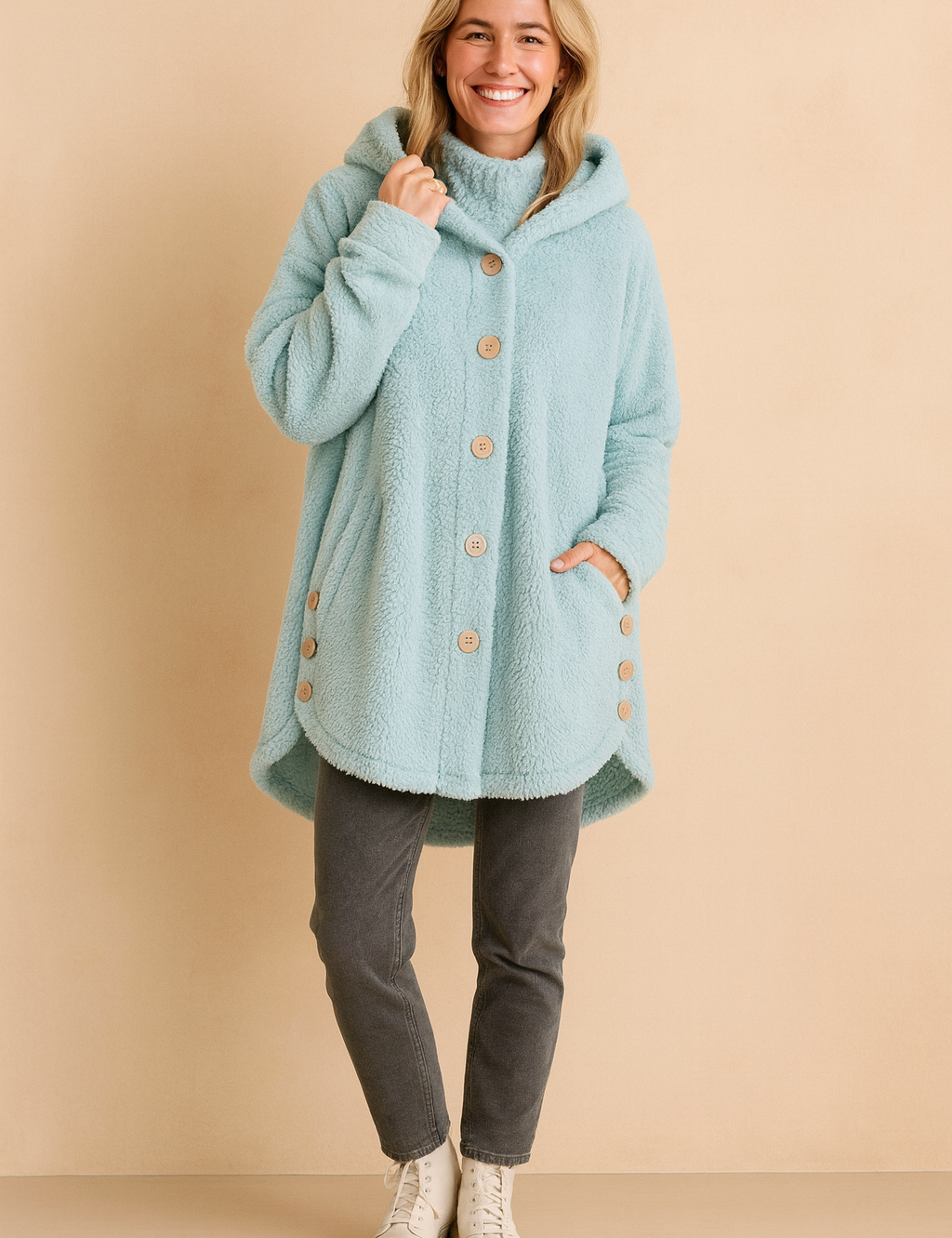 Light blue fleece hooded jacket with button-down front, long sleeves, and side button accents, designed for casual winter wear