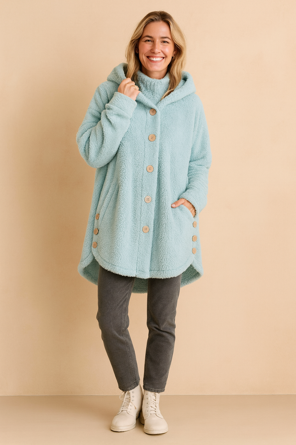 Light blue fleece hooded jacket with button-down front, long sleeves, and side button accents, designed for casual winter wear