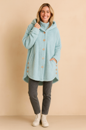 Light blue fleece hooded jacket with button-down front, long sleeves, and side button accents, designed for casual winter wear