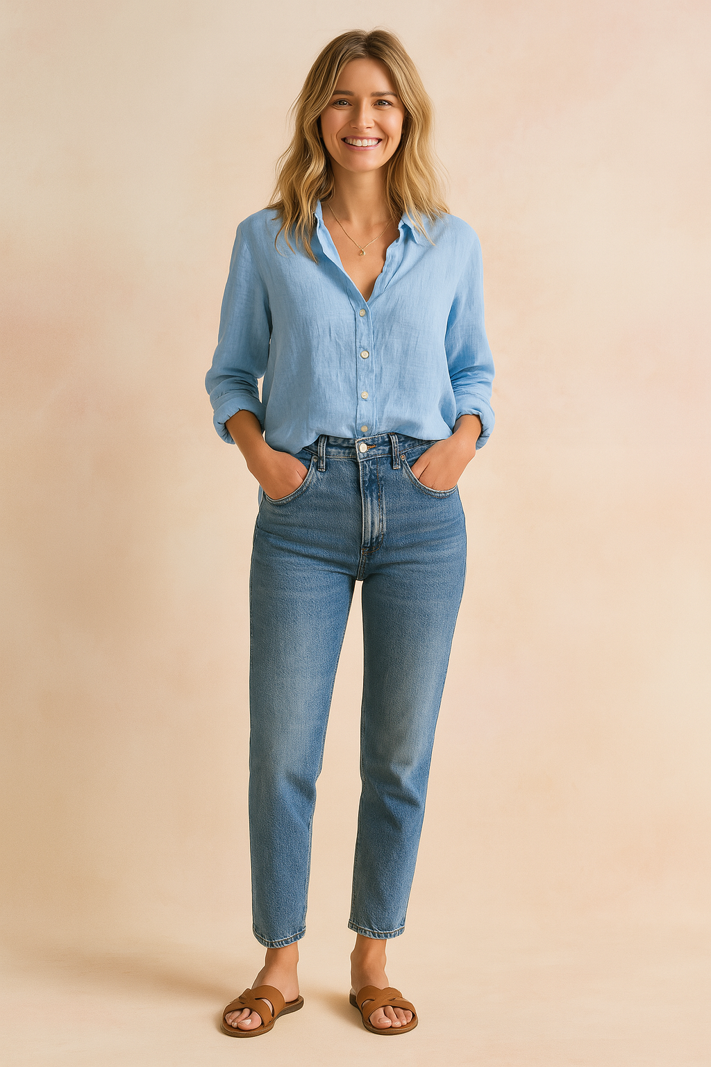 Light blue linen blouse with a relaxed fit, full button-down front, pointed collar, and rolled sleeves, paired with high-rise slim-fit jeans and brown slide sandals for a refined casual look.