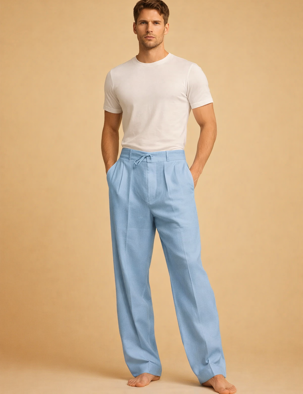 Light blue tailored drawstring trousers with a relaxed straight-leg cut, soft lightweight fabric, front pleats, and a clean modern finish designed for elevated casual wear.