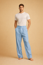 Light blue tailored drawstring trousers with a relaxed straight-leg cut, soft lightweight fabric, front pleats, and a clean modern finish designed for elevated casual wear.