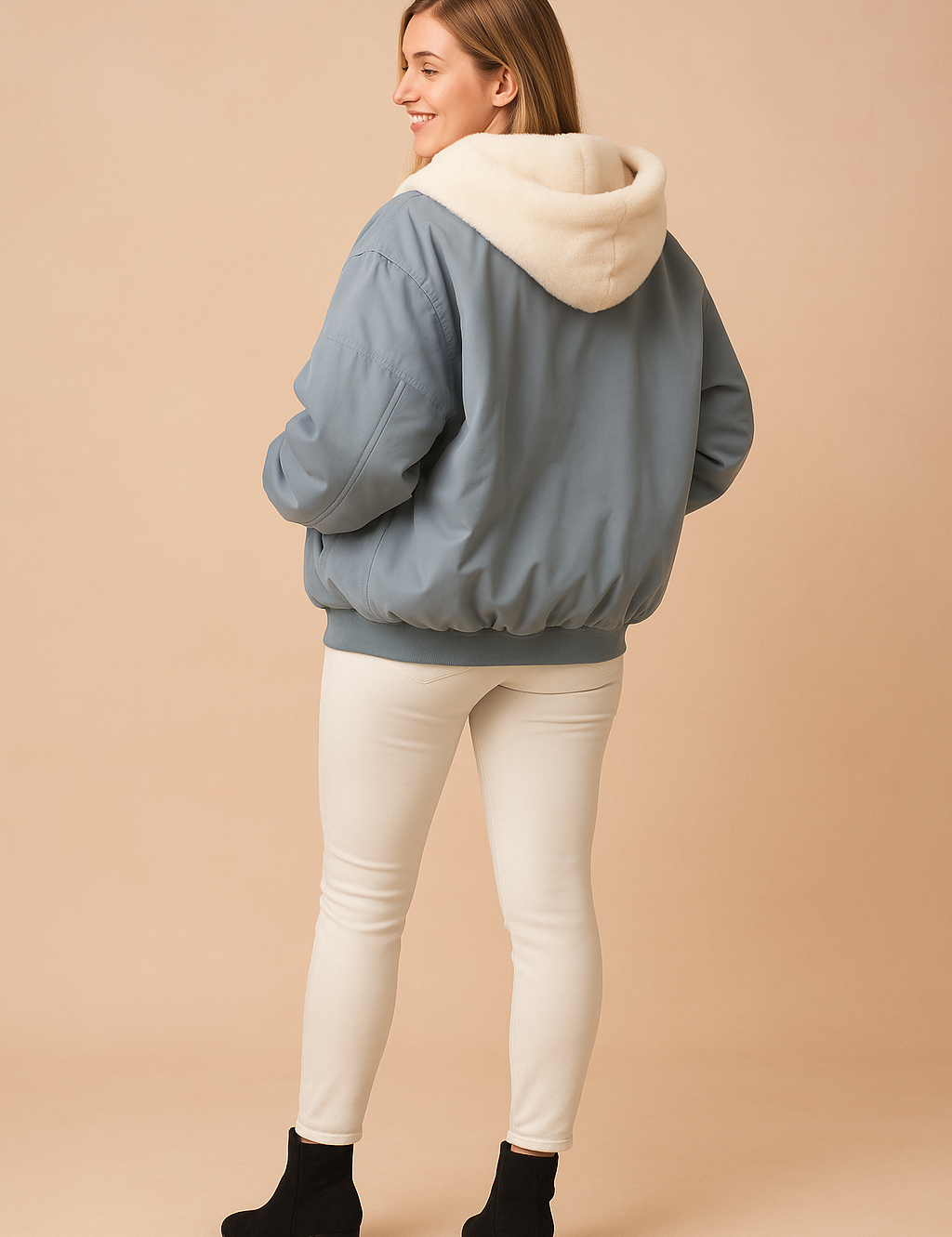Light gray-blue oversized bomber jacket with white faux fur hood, styled with slim off-white pants and black heeled ankle boots, shown in a full-body back view.