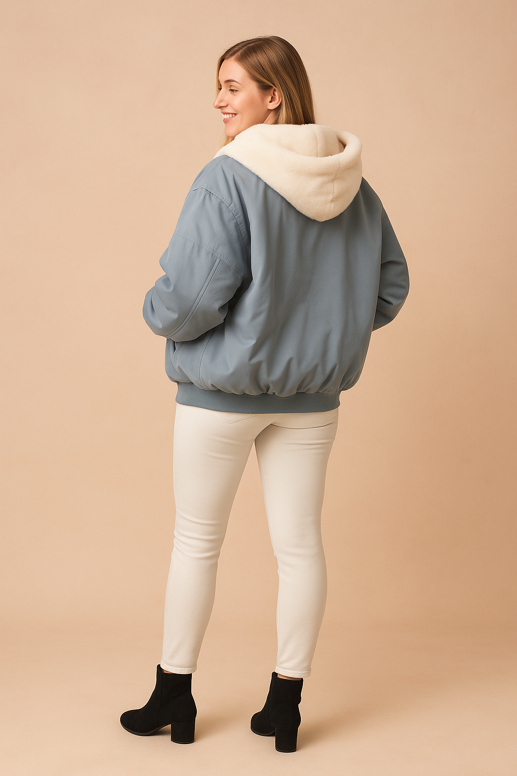 Light gray-blue oversized bomber jacket with white faux fur hood, styled with slim off-white pants and black heeled ankle boots, shown in a full-body back view.